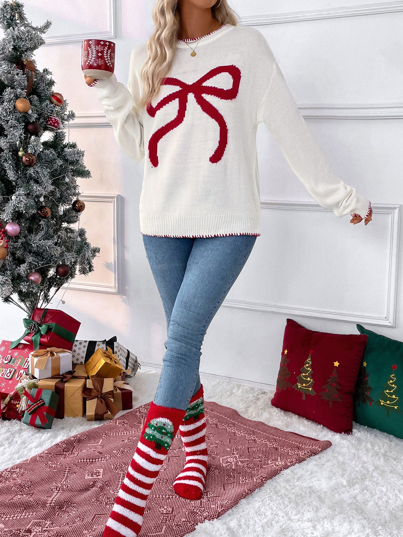 Christmas/Valentine’s Day Bow Knit Sweater Holiday Pullover