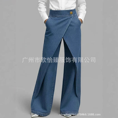Women's Crossover Wide Leg Jeans Washed Denim