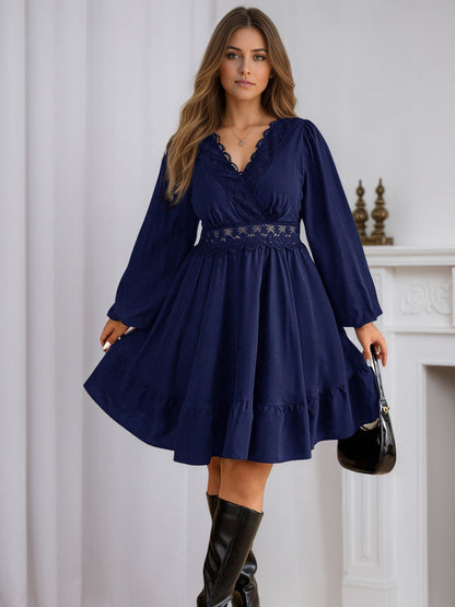 Plus Size Lace Trim V Neck A Line Mini Dress