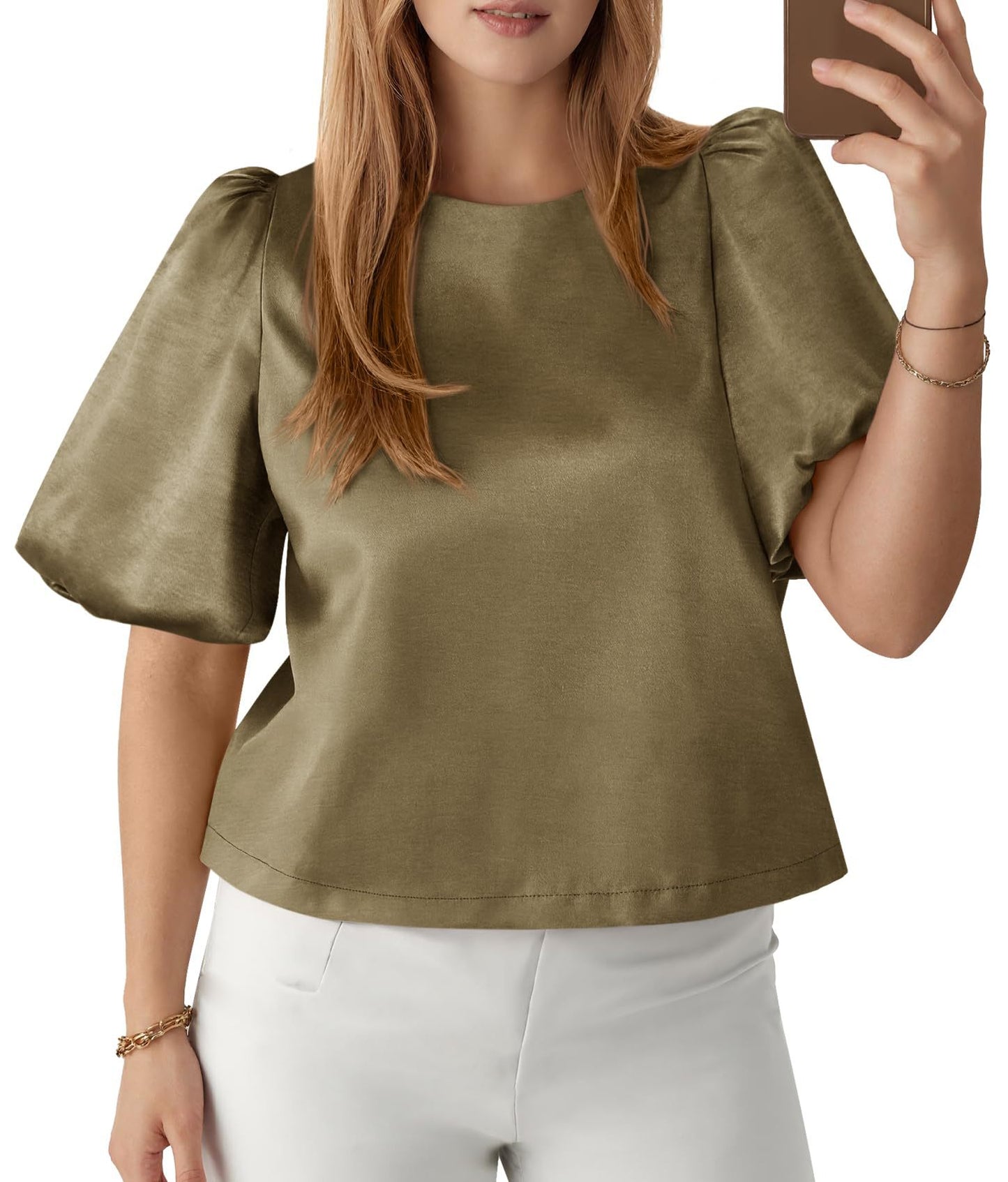 Satin Puff Sleeve Blouse Elegant Dressy Casual Top