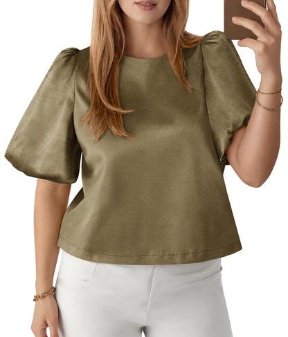 Satin Puff Sleeve Blouse Elegant Dressy Casual Top
