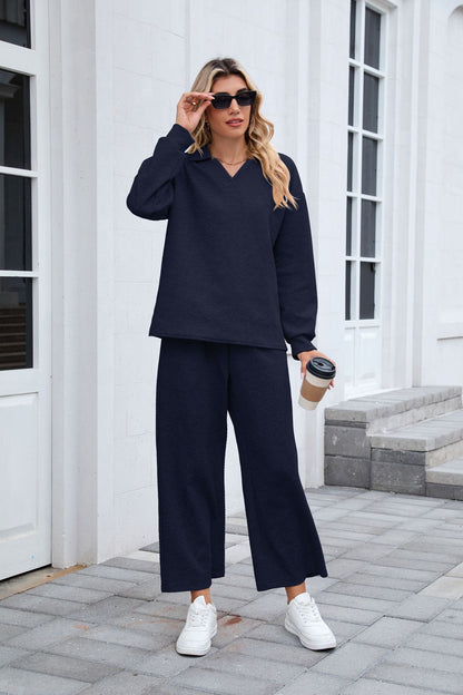 Women's Lounge Set Long Sleeve Collar Top Wide Leg Pants
