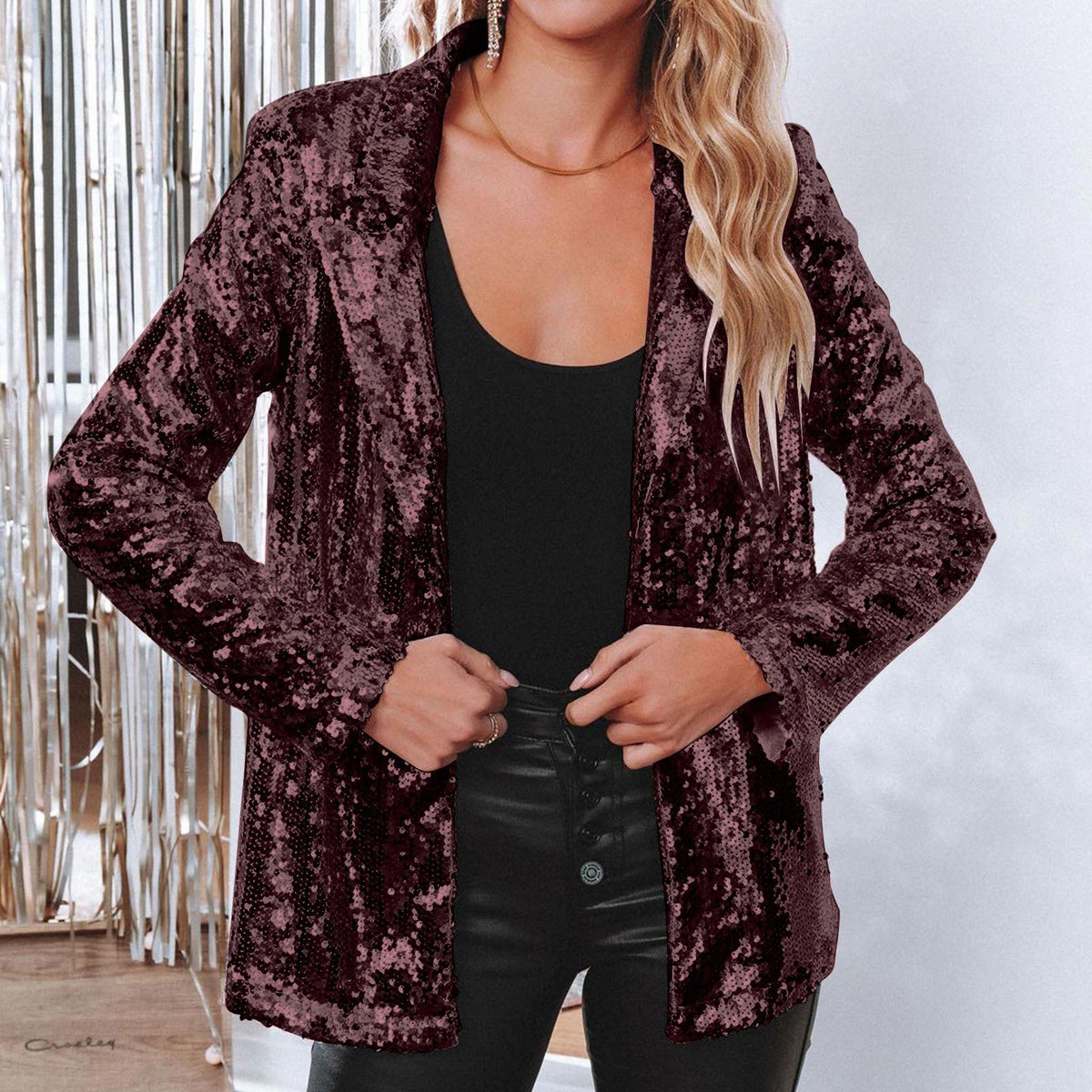 Women's Sequin Blazer Sparkle Long Sleeve Open Front
