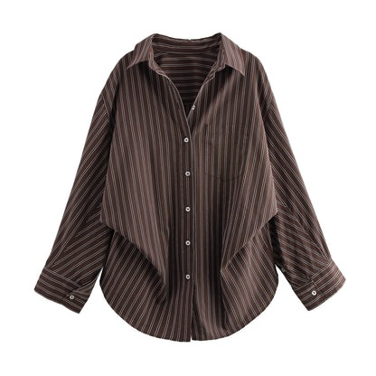 Oversized Striped Collared Shirt Long Sleeve Pocket