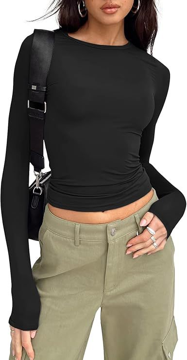 Women's Fitted Long Sleeve Crew Neck Tee Soft Stretch Basic
