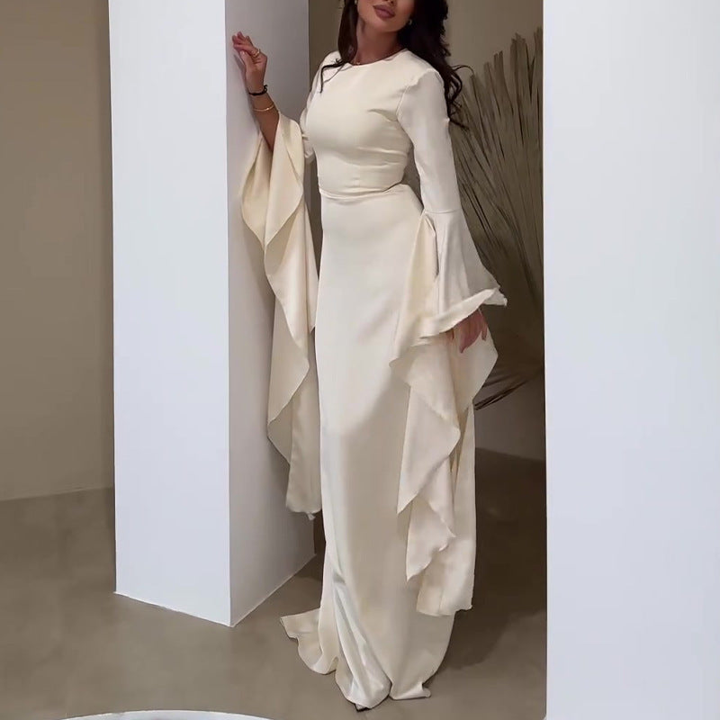Women Satin Bell Sleeve Ruched Evening Maxi Dress