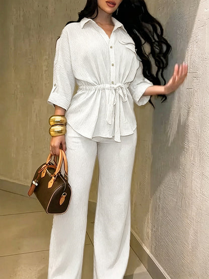 Women's Collared Button Down Shirt Wide Leg Pants 2PC Set