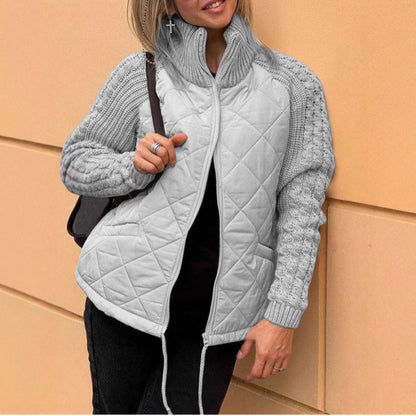 Women's Quilted Zip Jacket Cable Knit Sleeve Coat