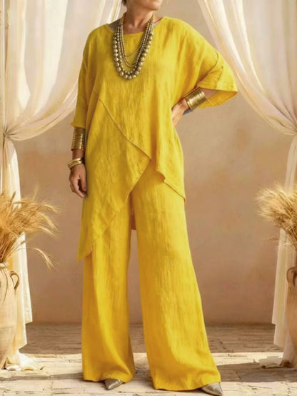 Women's Linen 2PC Set Asymmetric Hem Wide Leg Pants