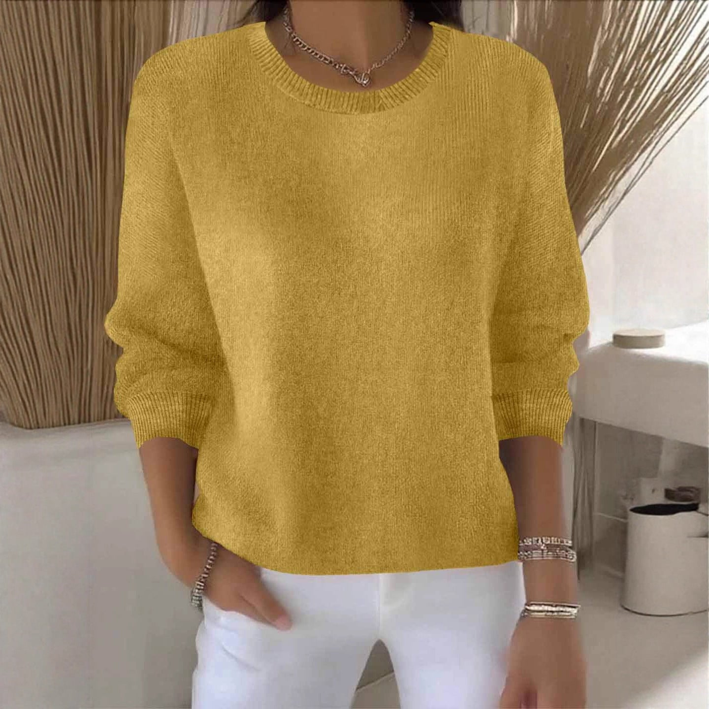 Solid Crew Neck Knit Sweater Long Sleeve Pullover Top