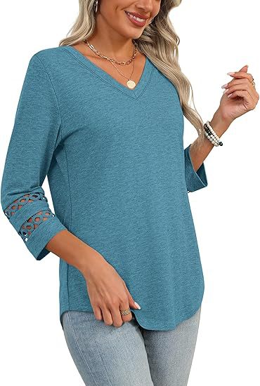 White V-Neck Lace Sleeve Casual Knit Top for Women