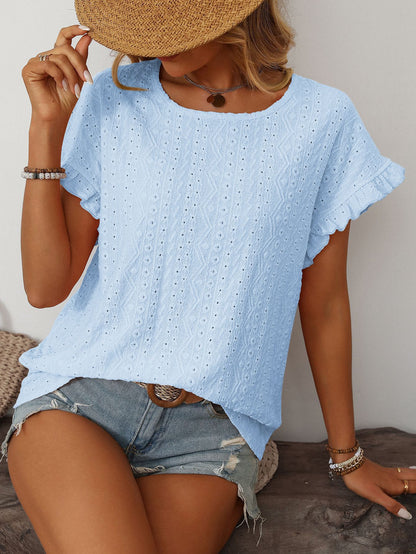 Women’s Eyelet Knit Crewneck Ruffle Sleeve Summer Top