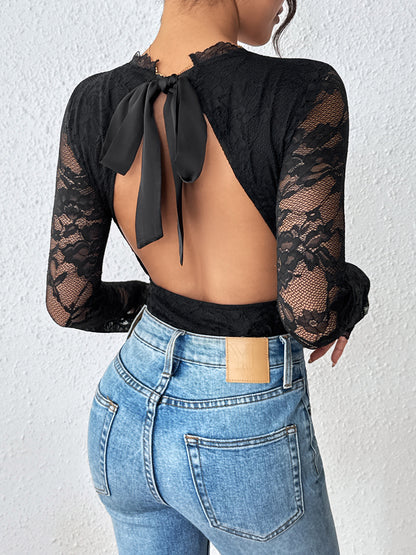 Black Lace V Neck Long Sleeve Slim Fit Bodysuit