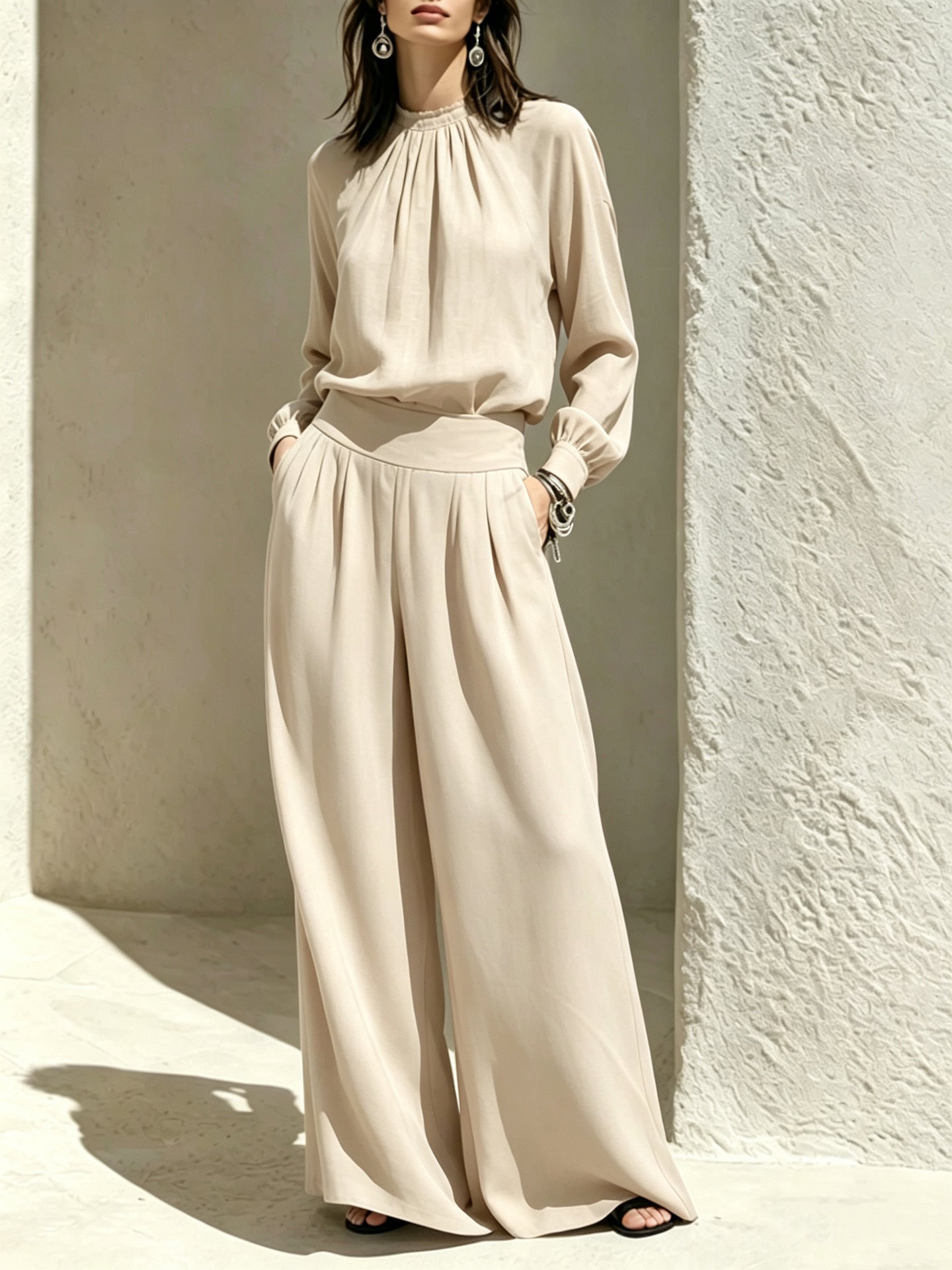 Women's Chic Mock Neck Wide Leg Pants Two Piece Set