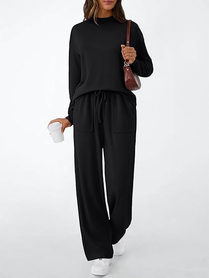 Women's Matching Lounge Set Mock Neck Wide Leg Pocket Pants