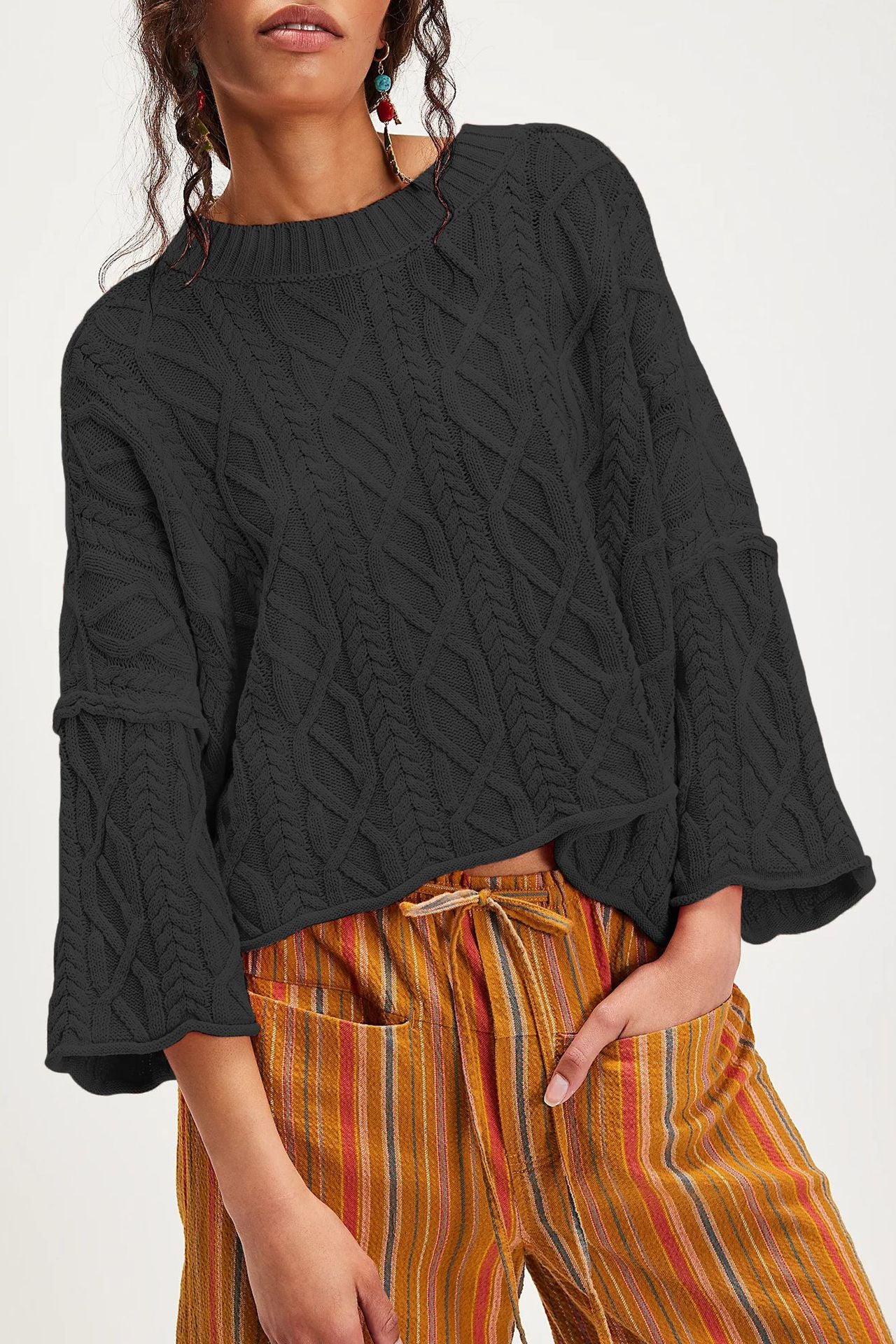 Chunky Cable Knit Crop Sweater–Loose Boho Crewneck Pullover
