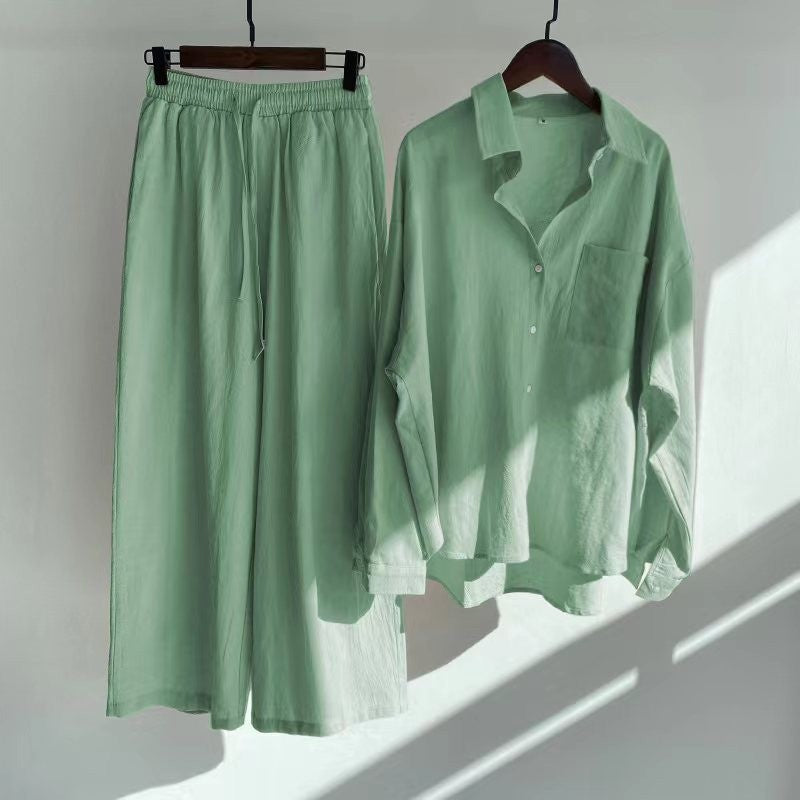 Linen Blend Button Shirt Wide Leg Pants Two Piece Set