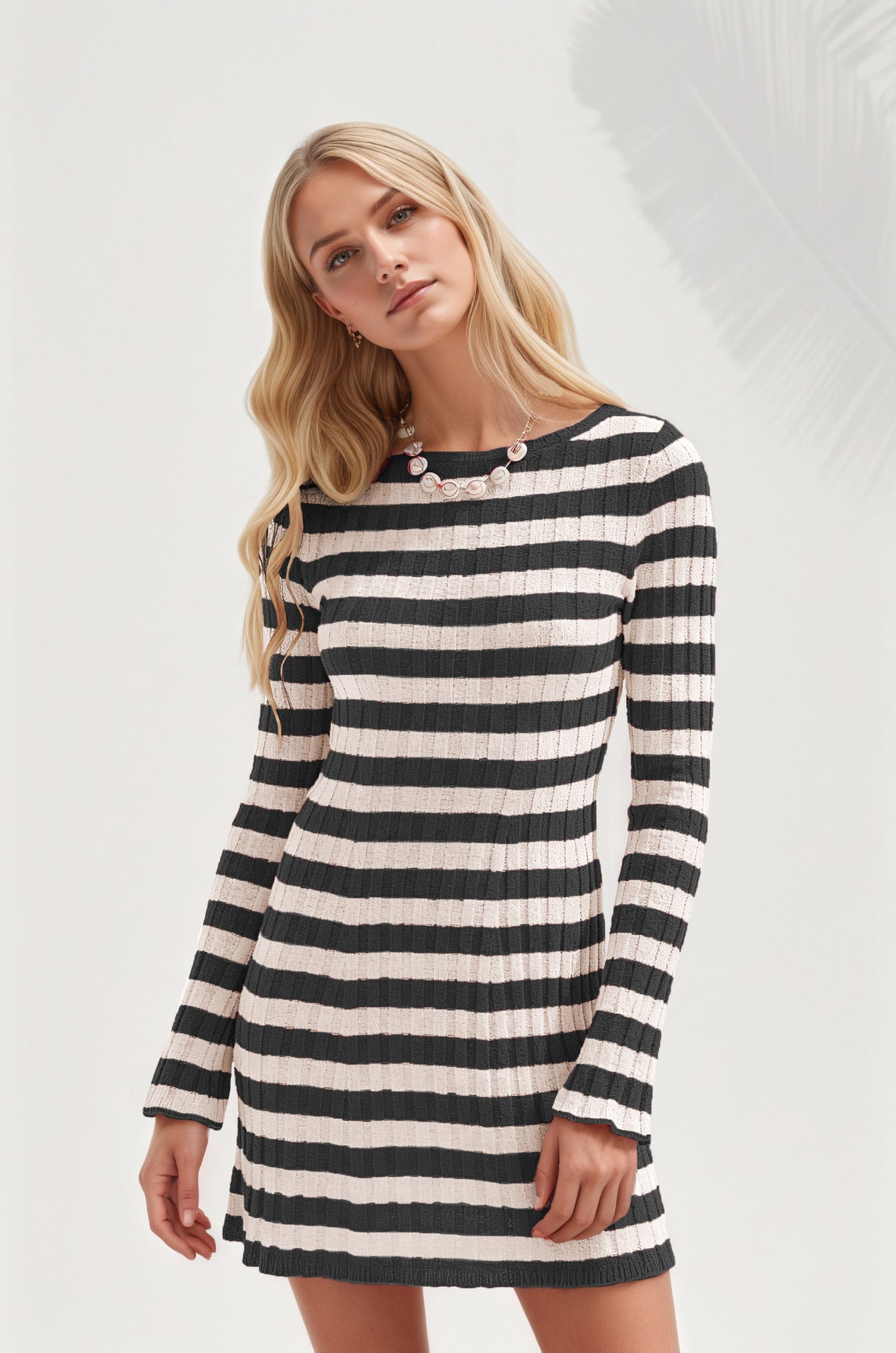Striped Knit Sweater Dress Crew Neck Long Sleeve Mini Dress