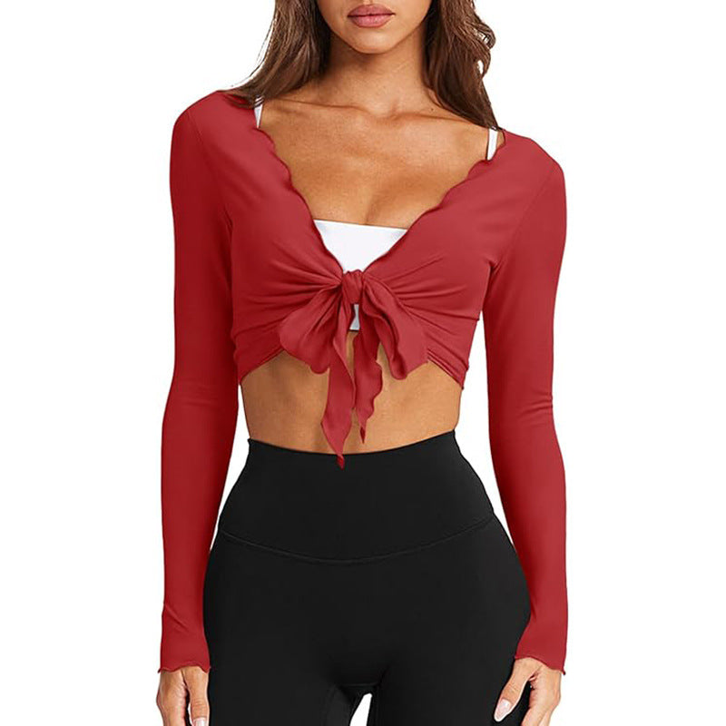 Women's V Neck Wrap Crop Top Long Sleeve Lettuce Trim Knit