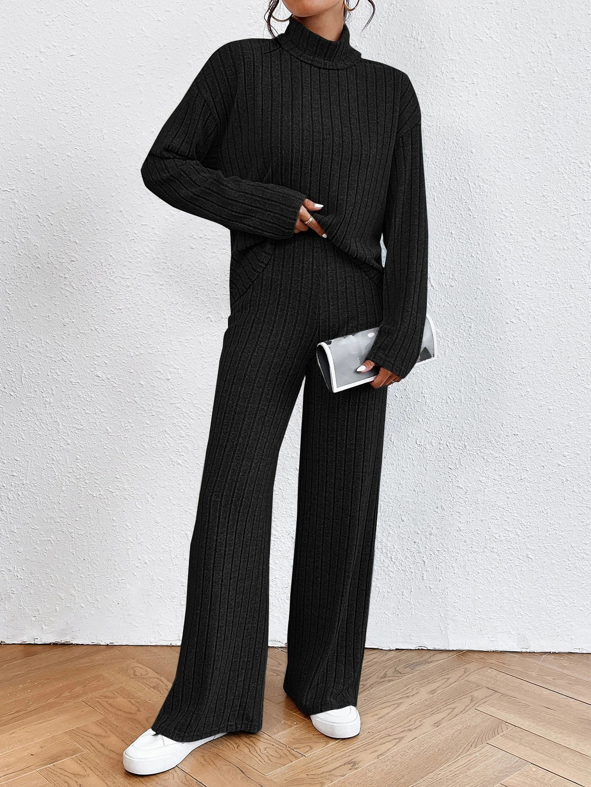 Women's Ribbed Turtleneck Sweater Wide Leg Pants Set