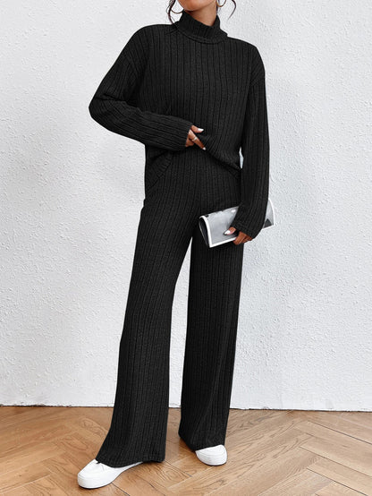 Women's Ribbed Turtleneck Sweater Wide Leg Pants Set