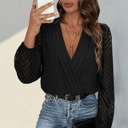 Lace Sleeve V Neck Surplice Bodysuit Long Sleeve Top
