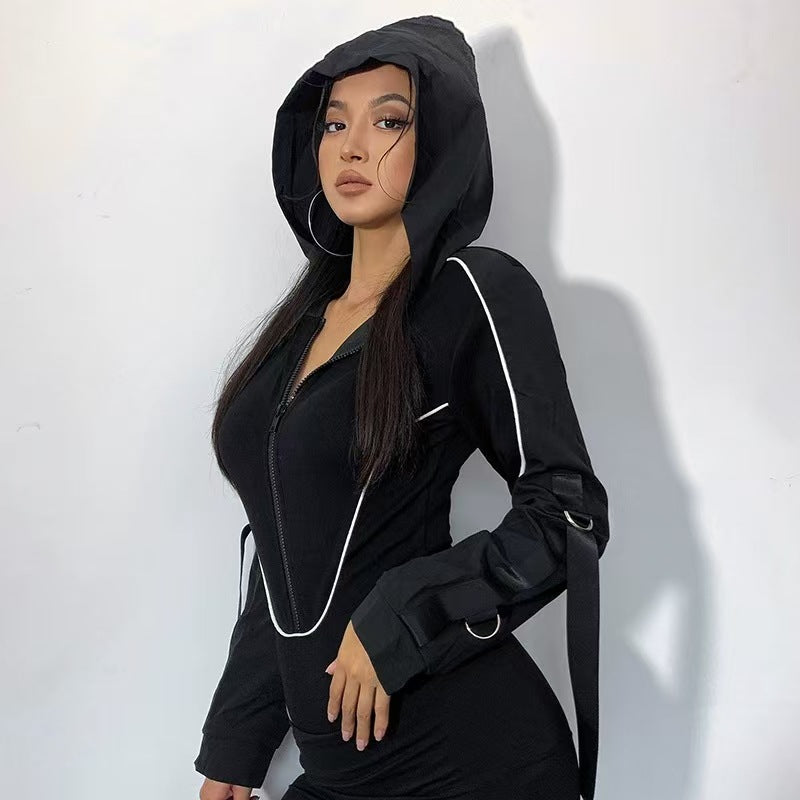 Women Hooded Cut Out Bodysuit Long Sleeve Streetwear