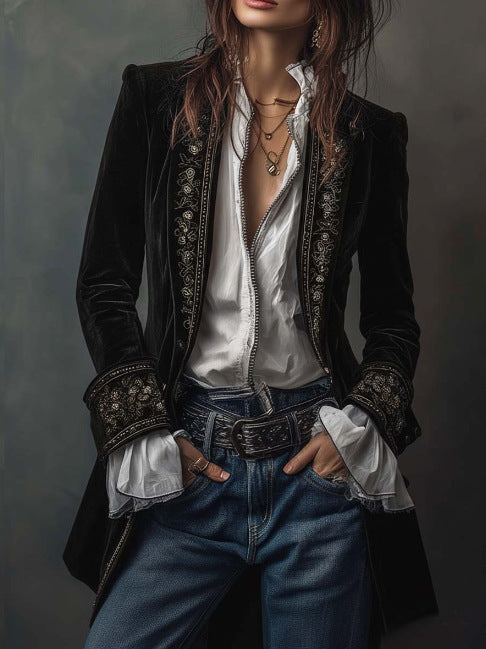 Women's Velvet Embroidered Blazer Open Front Vintage