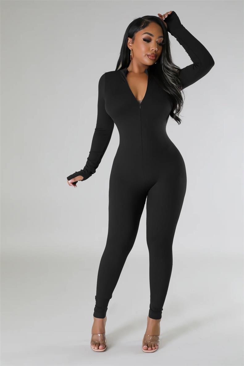 Fleece Lined Zip Up Long Sleeve Bodycon Jumpsuit