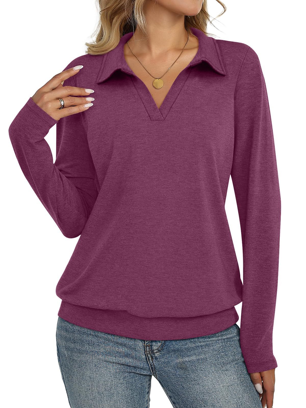 Women's Collared V Neck Long Sleeve Casual Knit Top