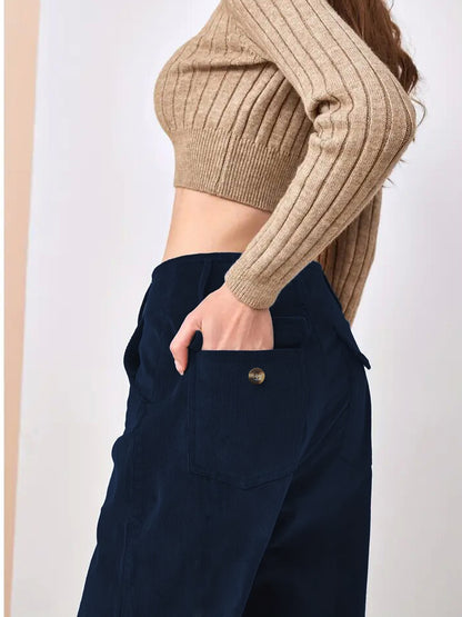 High Waist Corduroy Wide Leg Pants with Pockets