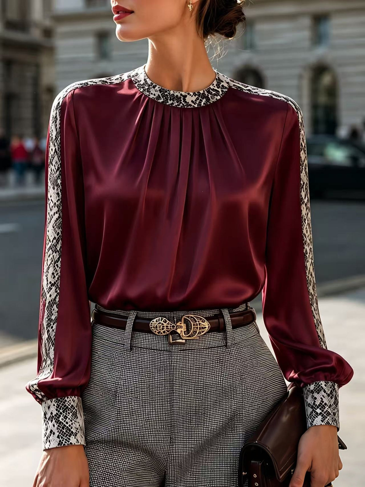 Satin Snake Print Panel Puff Sleeve Blouse