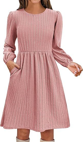Fall Textured Knit Puff Sleeve A-Line Midi Dress