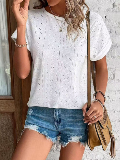 Solid Eyelet Short Sleeve Tee Loose Fit Casual Top