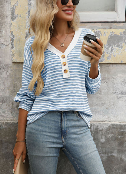 Striped V Neck Henley Long Sleeve Casual Knit Top