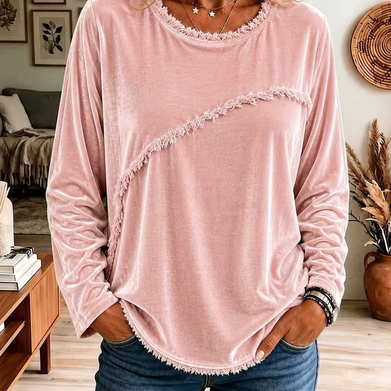 Women's Velvet Fringe Long Sleeve Round Neck Top