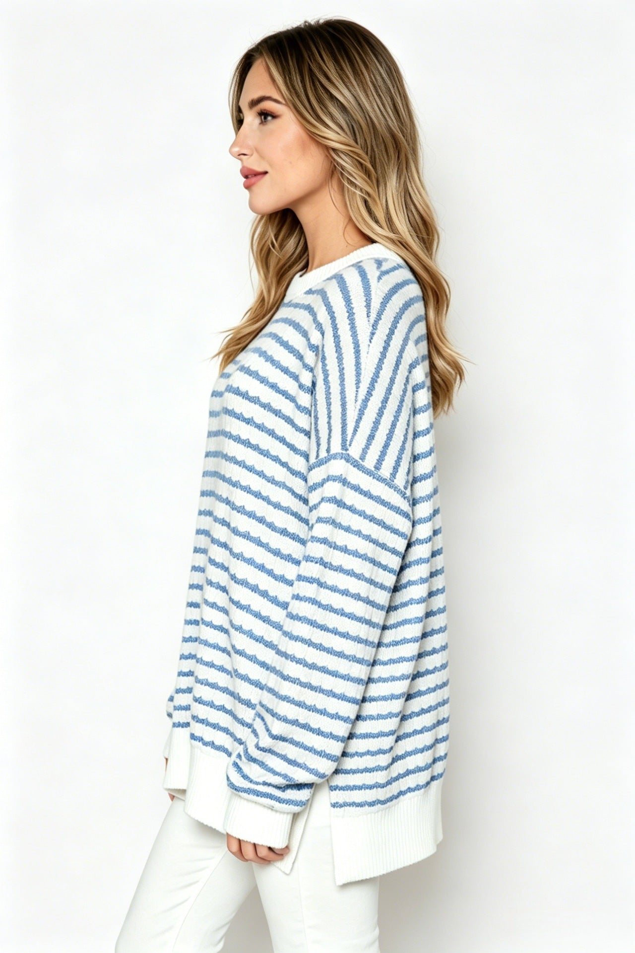 Oversized Stripe Knit Sweater Crew Neck Side Slit Pullover