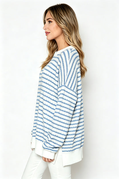 Oversized Stripe Knit Sweater Crew Neck Side Slit Pullover