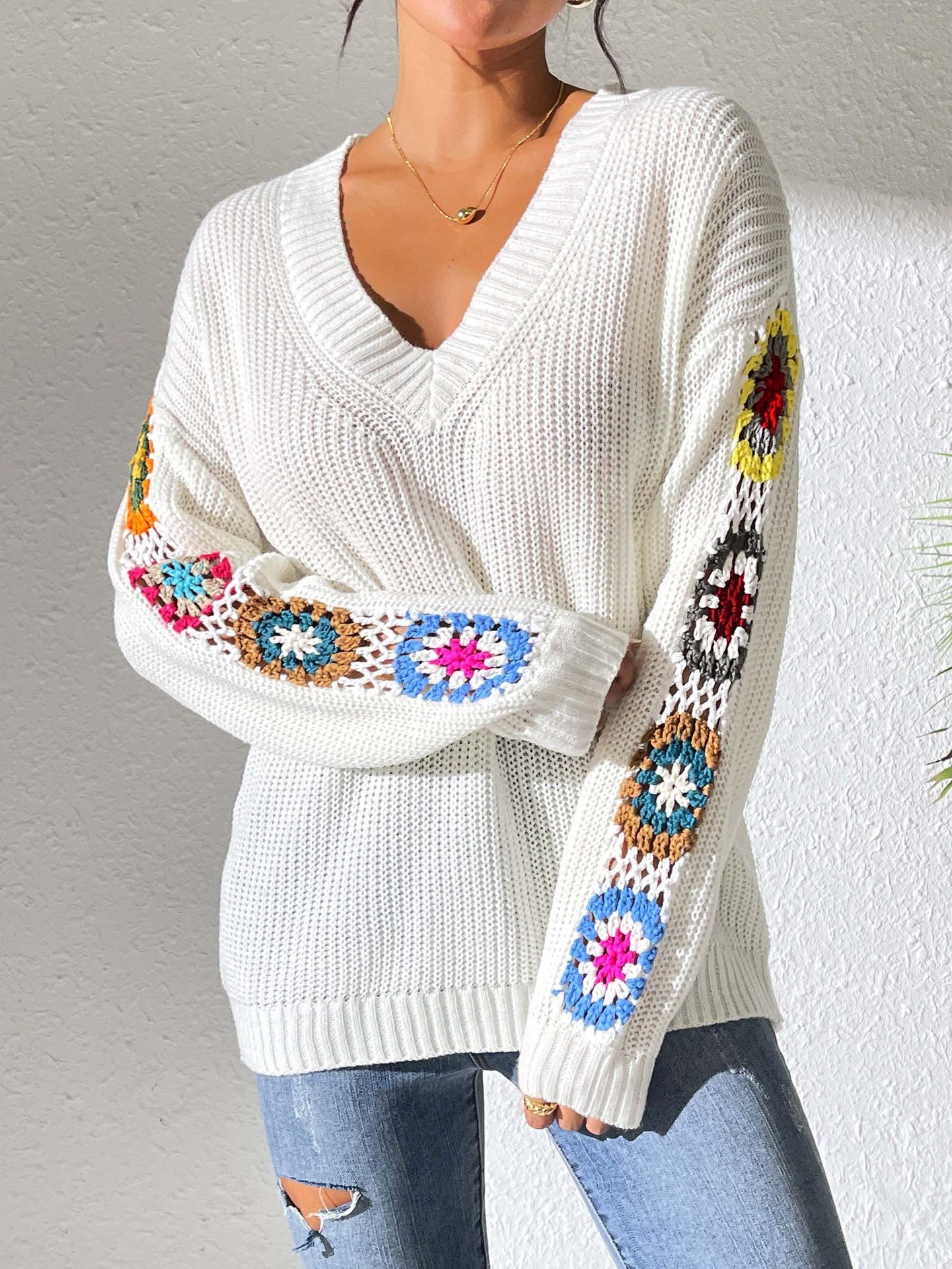 Fall/Winter Casual Loose V-Neck Crochet Floral Sweater