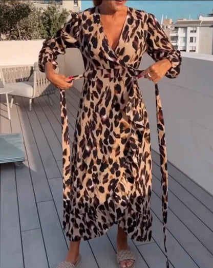 Women's Leopard Print Wrap Maxi Dress Long Sleeve V-Neck