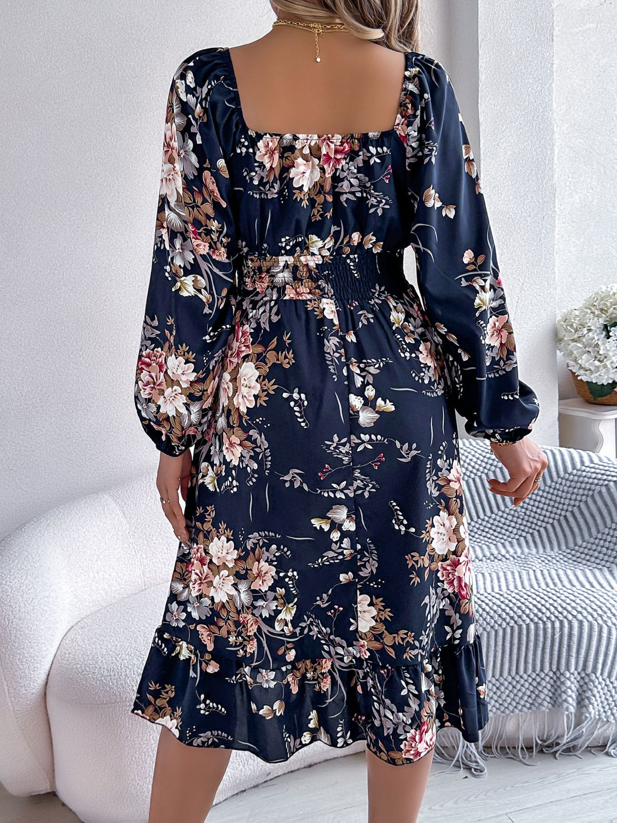 Floral Square Neck Long Sleeve Ruffle Midi Dress