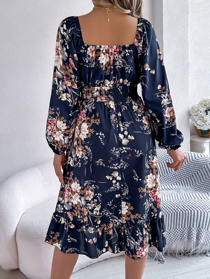 Floral Square Neck Long Sleeve Ruffle Midi Dress