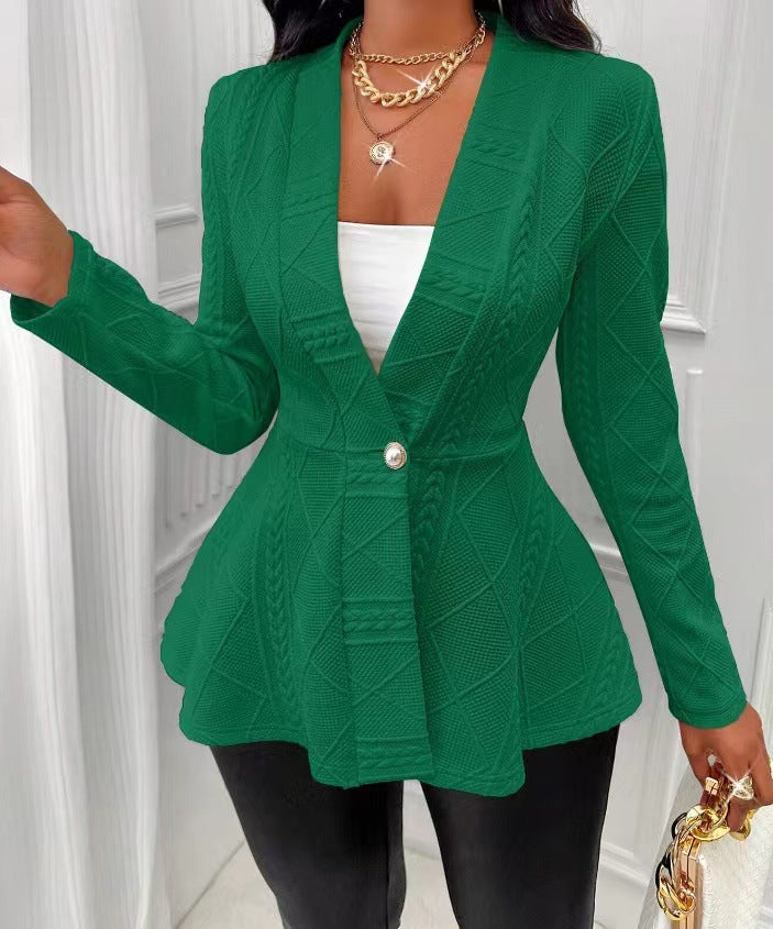 Women's Textured Peplum Blazer One Button Long Sleeve