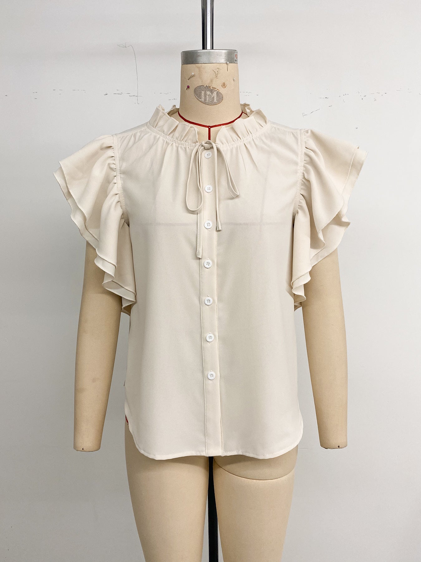 Flutter Sleeve Ruffle Collar Tie Neck Blouse Top