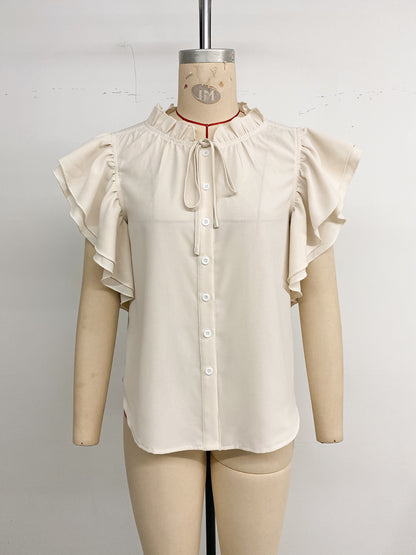 Flutter Sleeve Ruffle Collar Tie Neck Blouse Top