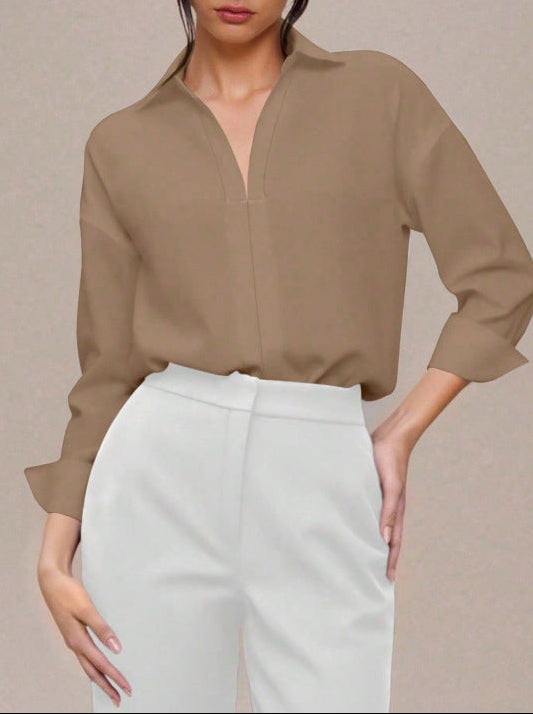 Women's V Neck Collared Business Casual Blouse Long Sleeve