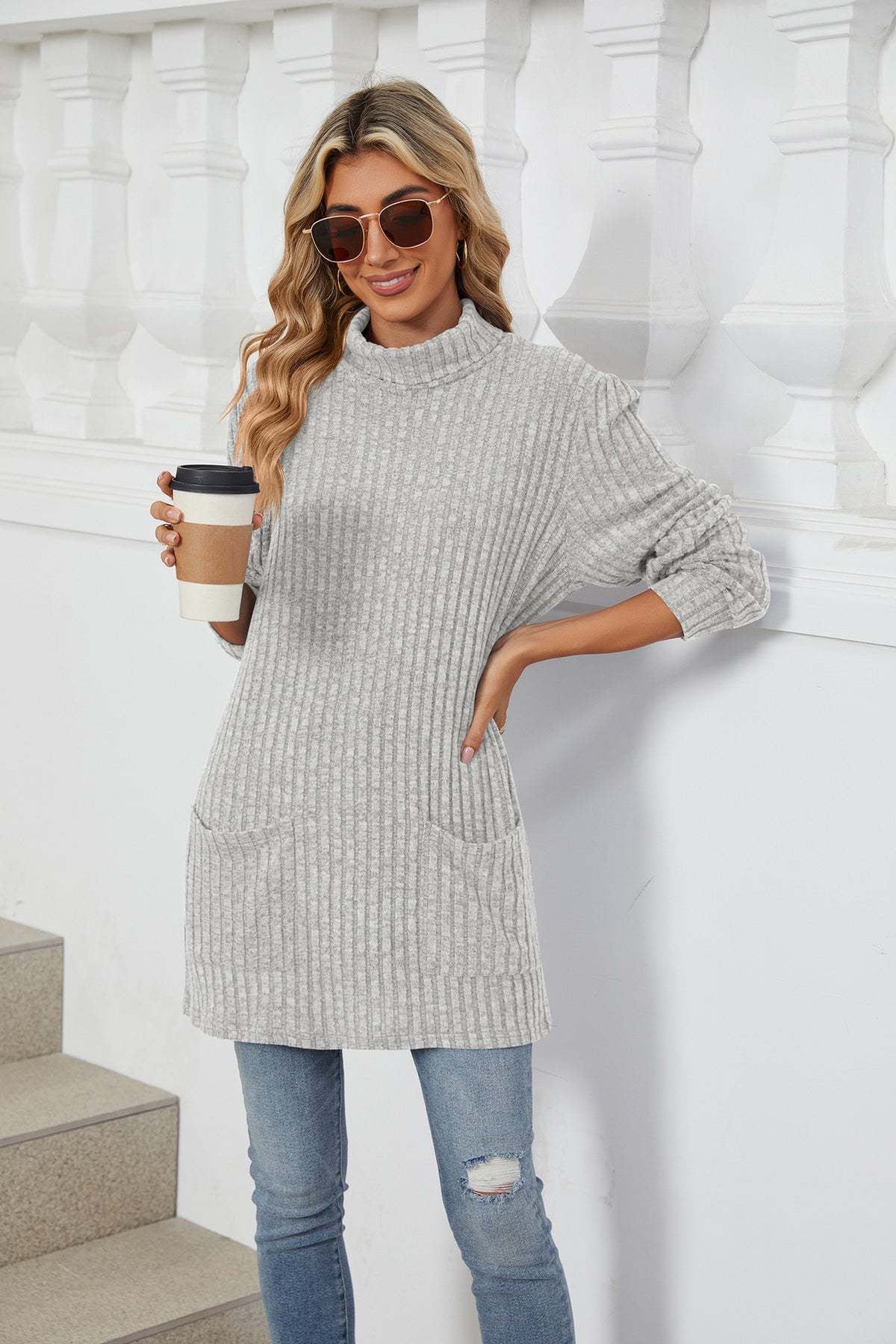 Women's Oversized Ribbed Mock Neck Tunic with Pockets