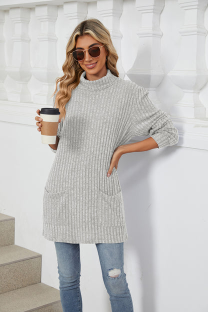 Women's Oversized Ribbed Mock Neck Tunic with Pockets