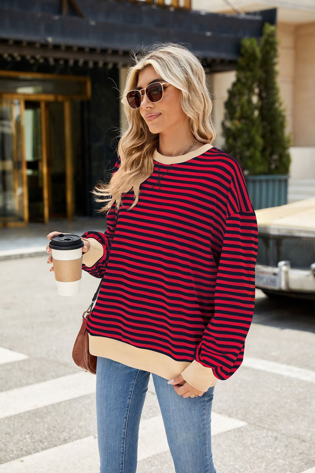 Striped Color Block Crew Neck Loose Fit Long Sleeve Sweatshirt