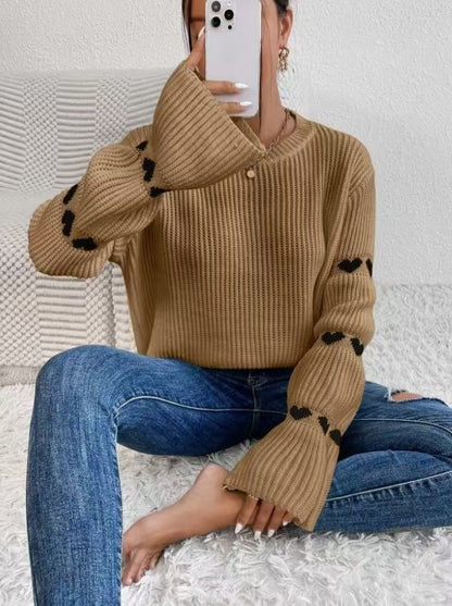 Women's Heart Elbow Patch Oversized Crewneck Sweater